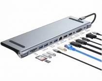 Multiport USB 3.1 tip C (M) - 2 x HDMI + VGA + 3 x USB 3.0 + 1 x tip C-(PD 100W) + USB 2.0 + 3.5mm + SD/TF + RJ45 (F)1000 Mbps (12 u 1) slika