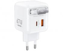 Strujni Fast teleskopski punjac Dolly GAN (1x USB Tip-A 3.0 +1x USB Tip-C) 67W, sa integrisanim USB Tip-C kablom 0.5m, beli slika