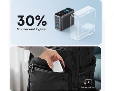 100W GaN zidni brzi punjač, 3-porta (2x USB-C i 1x USB-A) sa USB-C M/M pletenim kablom, tamno sivi