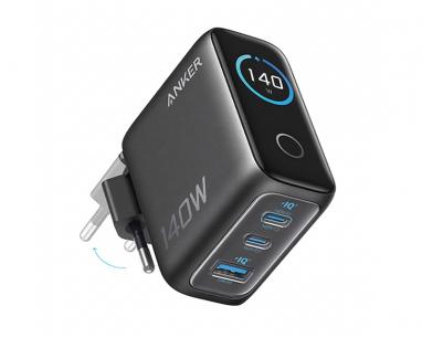 140W GaN zidni brzi punjač, 4-porta (3x USB-C, 1x USB-A) sa USB-C M/M pletenim kablom, tamno sivi