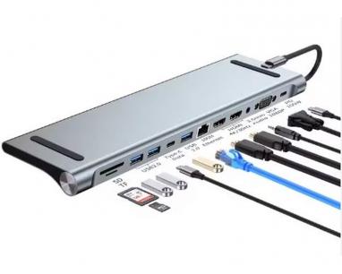 Adapter USB 3.1 tip C (M) - 2 x HDMI + VGA + 3 x USB 3.0 + 2 x tip C + RJ45 (F) + SD/TF + PD 100W (12 u 1)