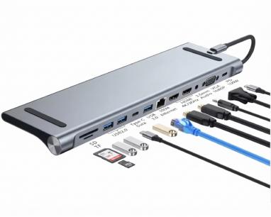 Multiport USB 3.1 tip C (M) - 2 x HDMI + VGA + 3 x USB 3.0 + 1 x tip C-(PD 100W) + USB 2.0 + 3.5mm + SD/TF + RJ45 (F)1000 Mbps (12 u 1)