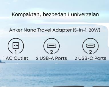 Nano 20W putni zidni punjač 5-portova (2x USB-A, 2x USB-C, utičnica EU na US, UK, AU i EU), crni slika
