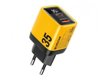 WP-U25 Super brzi Strujni GaN Punjač, 2-porta USB (3.0 i 3.1 Tip-C) 35W, sa displejom, žuti slika