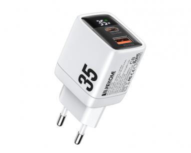 WP-U25 Super brzi Strujni GaN Punjač, 2-porta USB (3.0 i 3.1 Tip-C) 35W, sa displejom, beli slika