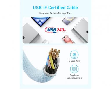 Zolo USB tip-C kabl M/M 1.8m, za Apple, super brzo punjenje 240W/480Mbps, pleteni, crni