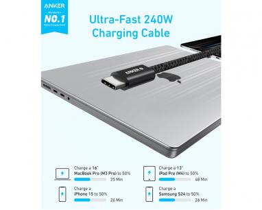 Zolo USB tip-C kabl M/M 1m,  za Apple, super brzo punjenje 240W/480Mbps, pleteni, crni slika